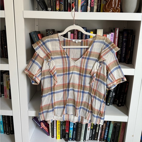 Madewell Tops - Madewell ivory plaid cotton lightweight ruffle puff sleeve blouse shirt top